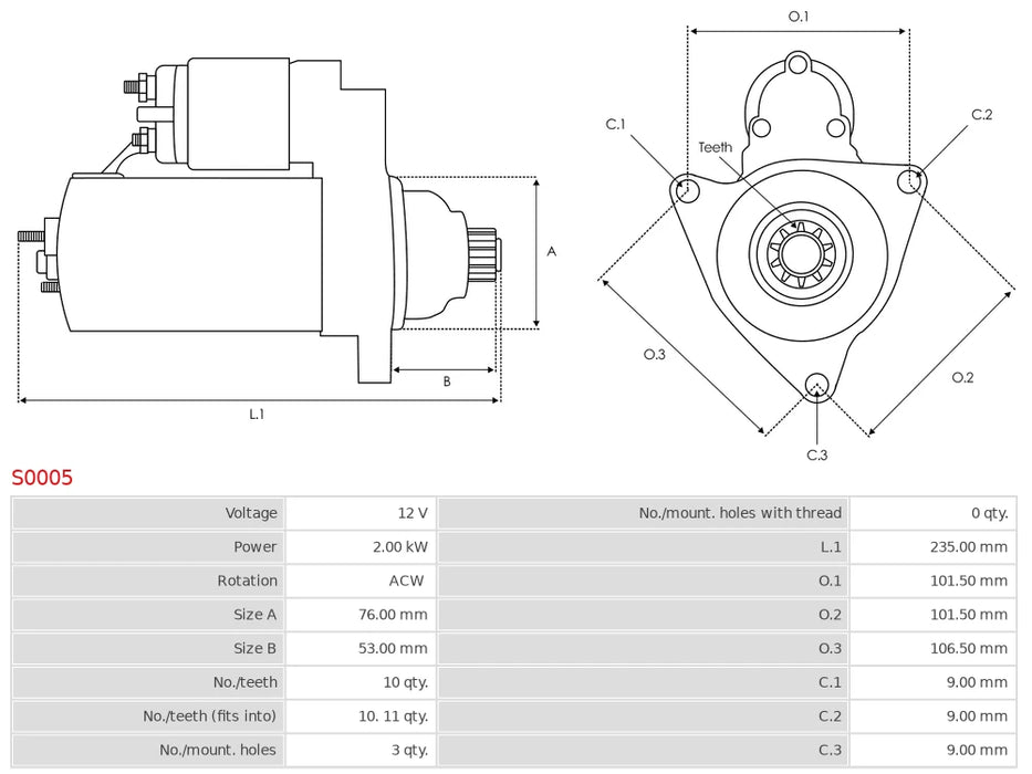 Marş Motoru – 12V 2.0kW – 10 Diş – Volkswagen Transporter T4 ve SEAT Ibiza II Uyumlu