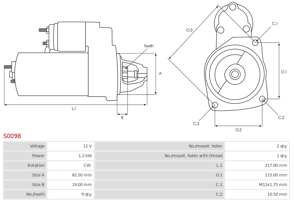 Marş Motoru – 12V 1.2kW – Opel, Chevrolet, Daewoo, Citroën, Peugeot, Mitsubishi ve Isuzu Uyumlu