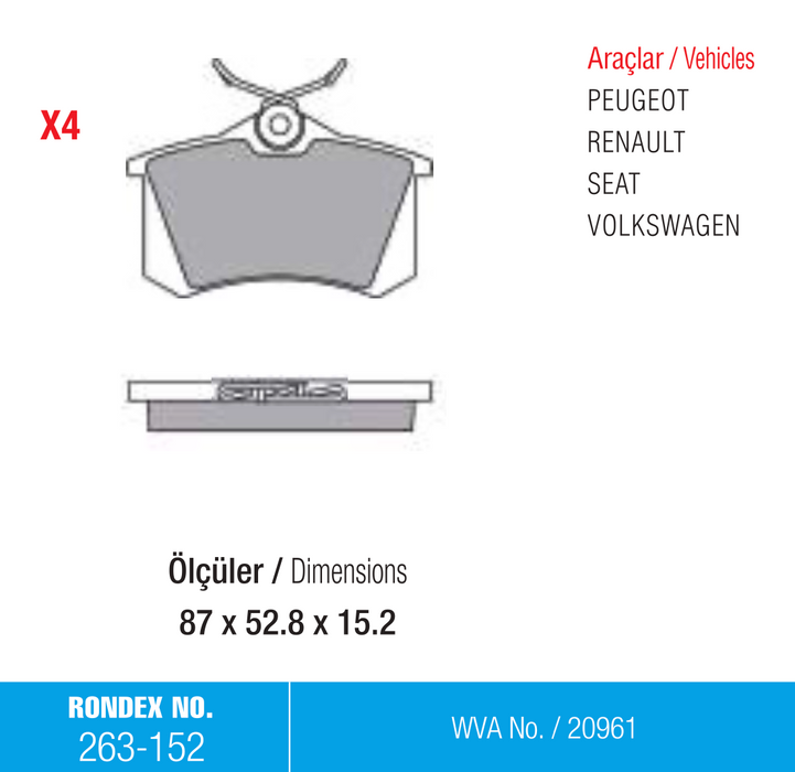 fren balata, peugot, renault, rondex, seat, volkswagen