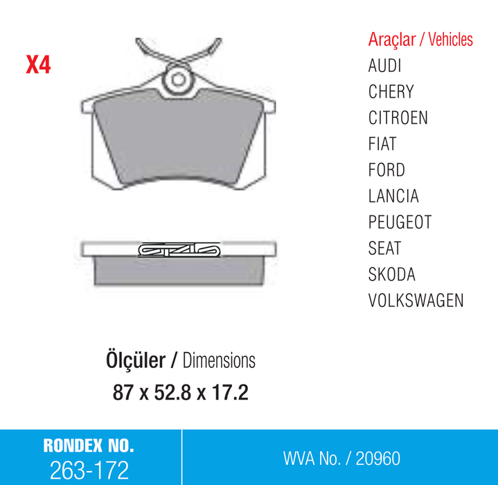 audi, citroen, fren balata, peugeot, rondex, seat, skoda, volkswagen