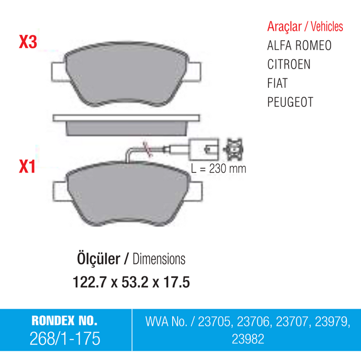 alfa romeo, citroen, fiat, fren balata, peugeot, rondex