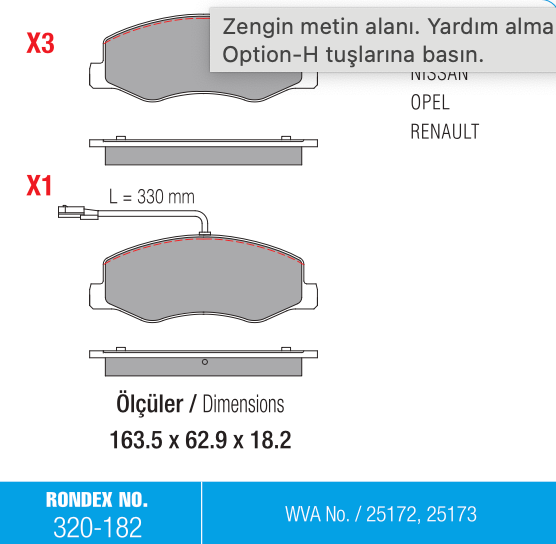 fren balata, nissan, opel, renault, rondex